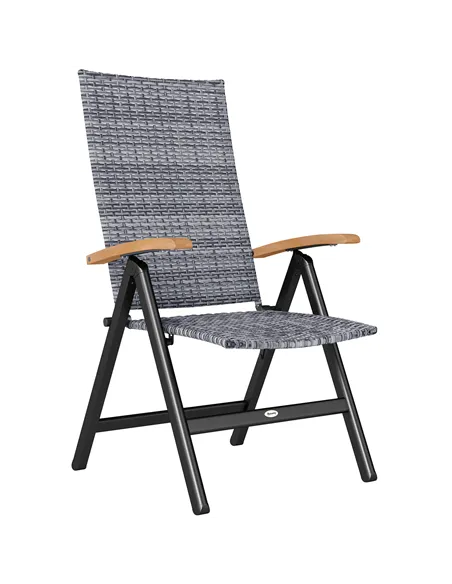 Outsunny Folding Rattan Garden Dining Chair with 5-level Reclining High Back, Wood Armrests for Outdoor, Patio - Light Grey