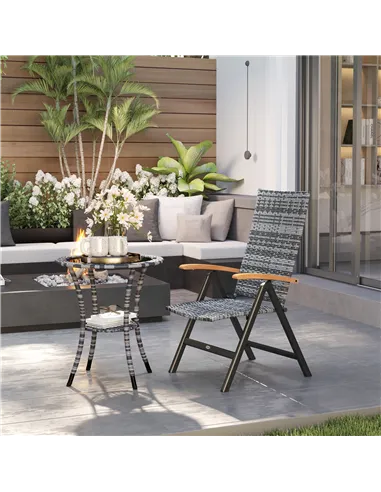Outsunny Folding Rattan Garden Dining Chair with 5-level Reclining High Back, Wood Armrests for Outdoor, Patio - Light Grey