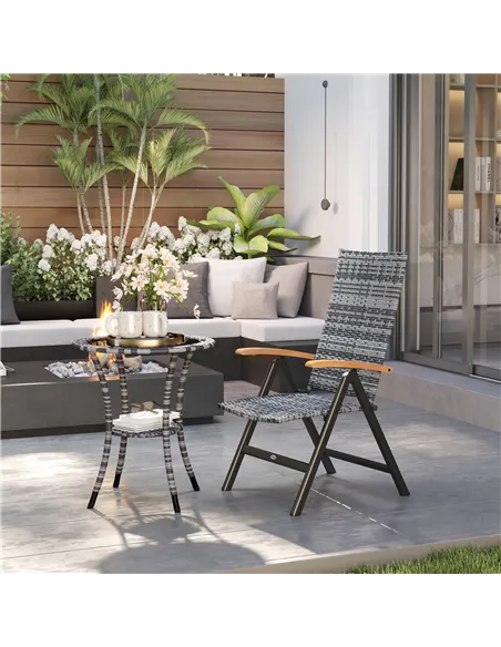 Outsunny Folding Rattan Garden Dining Chair with 5-level Reclining High Back, Wood Armrests for Outdoor, Patio - Light Grey