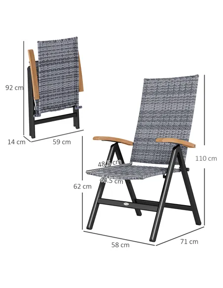 Outsunny Folding Rattan Garden Dining Chair with 5-level Reclining High Back, Wood Armrests for Outdoor, Patio - Light Grey