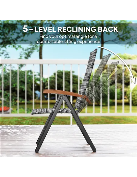 Outsunny Folding Rattan Garden Dining Chair with 5-level Reclining High Back, Wood Armrests for Outdoor, Patio - Light Grey