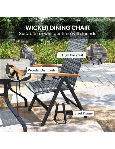 Outsunny Folding Rattan Garden Dining Chair with 5-level Reclining High Back, Wood Armrests for Outdoor, Patio - Light Grey
