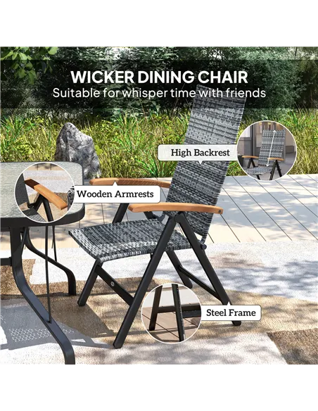 Outsunny Folding Rattan Garden Dining Chair with 5-level Reclining High Back, Wood Armrests for Outdoor, Patio - Light Grey