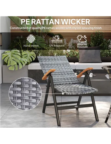 Outsunny Folding Rattan Garden Dining Chair with 5-level Reclining High Back, Wood Armrests for Outdoor, Patio - Light Grey