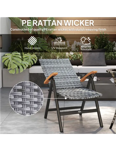 Outsunny Folding Rattan Garden Dining Chair with 5-level Reclining High Back, Wood Armrests for Outdoor, Patio - Light Grey