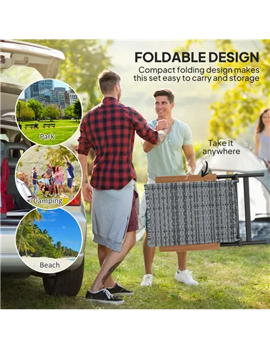 Outsunny Folding Rattan Garden Dining Chair with 5-level Reclining High Back, Wood Armrests for Outdoor, Patio - Light Grey