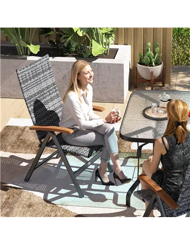 Outsunny Folding Rattan Garden Dining Chair with 5-level Reclining High Back, Wood Armrests for Outdoor, Patio - Light Grey
