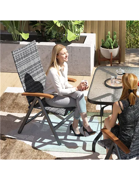 Outsunny Folding Rattan Garden Dining Chair with 5-level Reclining High Back, Wood Armrests for Outdoor, Patio - Light Grey