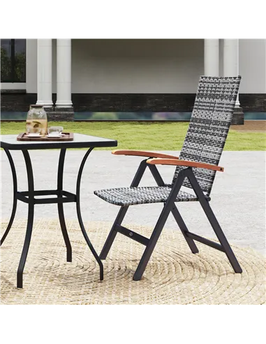 Outsunny Folding Rattan Garden Dining Chair with 5-level Reclining High Back, Wood Armrests for Outdoor, Patio - Light Grey