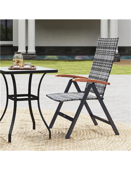 Outsunny Folding Rattan Garden Dining Chair with 5-level Reclining High Back, Wood Armrests for Outdoor, Patio - Light Grey