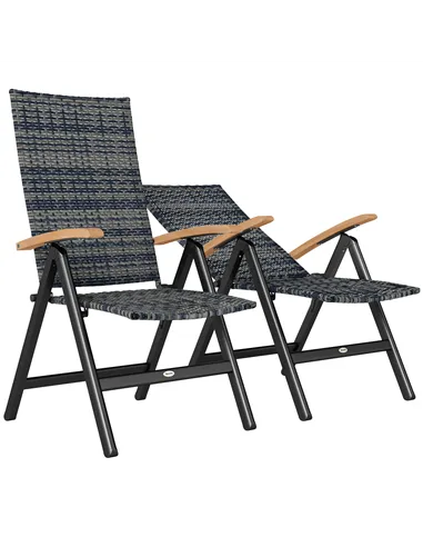Outsunny 2 Pieces Folding Rattan Garden Dining Chairs with 5-level Reclining High Back, Wood Armrests for Outdoor - Mixed-grey