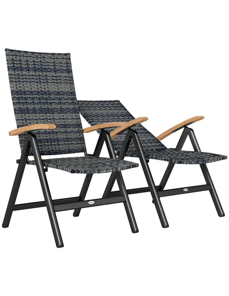 Outsunny 2 Pieces Folding Rattan Garden Dining Chairs with 5-level Reclining High Back, Wood Armrests for Outdoor - Mixed-grey