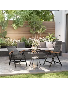 Outsunny 2 Pieces Folding Rattan Garden Dining Chairs with 5-level Reclining High Back, Wood Armrests for Outdoor - Mixed-grey 2