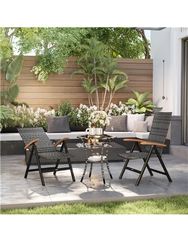 Outsunny 2 Pieces Folding Rattan Garden Dining Chairs with 5-level Reclining High Back, Wood Armrests for Outdoor - Mixed-grey