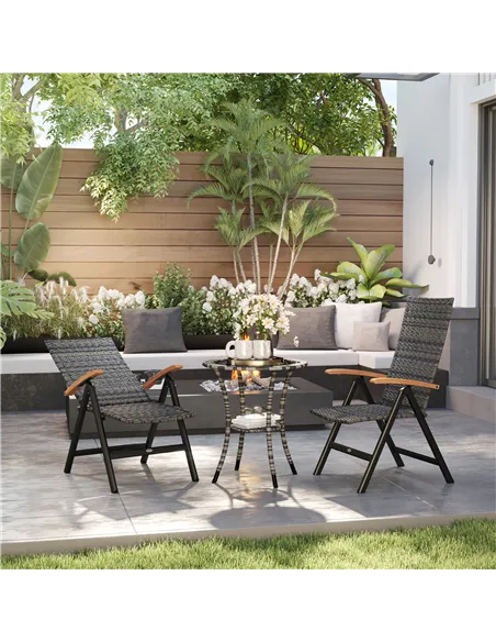 Outsunny 2 Pieces Folding Rattan Garden Dining Chairs with 5-level Reclining High Back, Wood Armrests for Outdoor - Mixed-grey