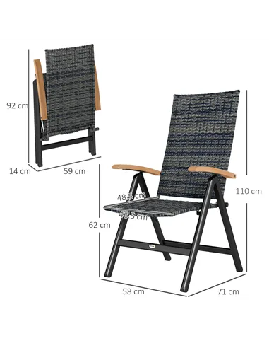 Outsunny 2 Pieces Folding Rattan Garden Dining Chairs with 5-level Reclining High Back, Wood Armrests for Outdoor - Mixed-grey