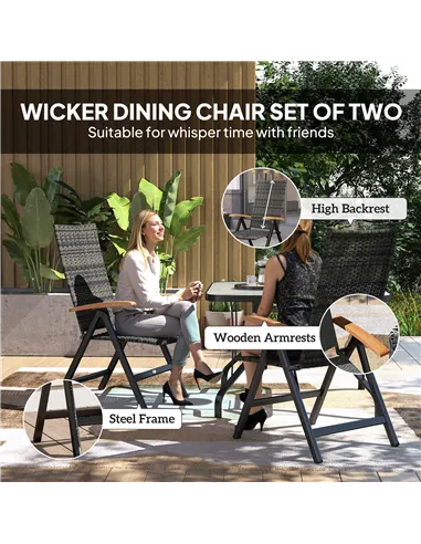 Outsunny 2 Pieces Folding Rattan Garden Dining Chairs with 5-level Reclining High Back, Wood Armrests for Outdoor - Mixed-grey