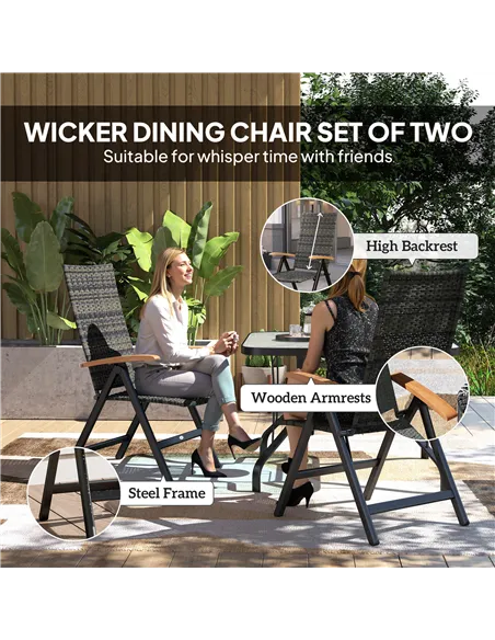 Outsunny 2 Pieces Folding Rattan Garden Dining Chairs with 5-level Reclining High Back, Wood Armrests for Outdoor - Mixed-grey