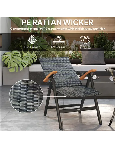 Outsunny 2 Pieces Folding Rattan Garden Dining Chairs with 5-level Reclining High Back, Wood Armrests for Outdoor - Mixed-grey