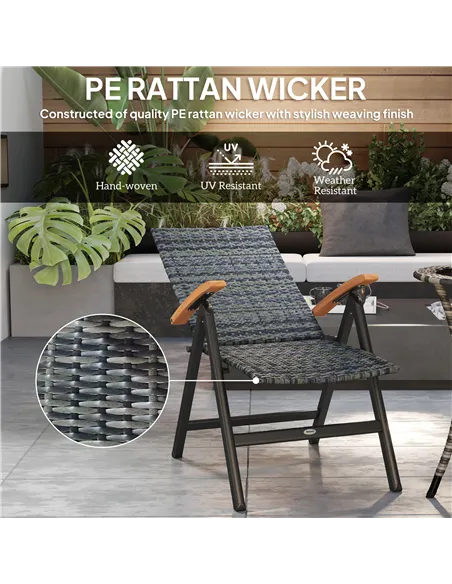 Outsunny 2 Pieces Folding Rattan Garden Dining Chairs with 5-level Reclining High Back, Wood Armrests for Outdoor - Mixed-grey