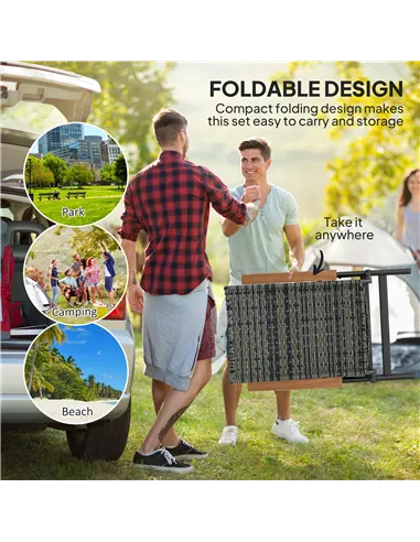 Outsunny 2 Pieces Folding Rattan Garden Dining Chairs with 5-level Reclining High Back, Wood Armrests for Outdoor - Mixed-grey