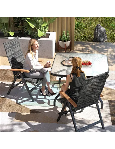 Outsunny 2 Pieces Folding Rattan Garden Dining Chairs with 5-level Reclining High Back, Wood Armrests for Outdoor - Mixed-grey