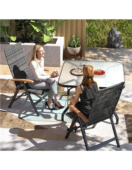 Outsunny 2 Pieces Folding Rattan Garden Dining Chairs with 5-level Reclining High Back, Wood Armrests for Outdoor - Mixed-grey