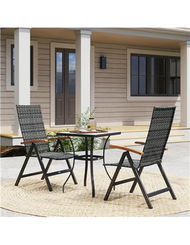 Outsunny 2 Pieces Folding Rattan Garden Dining Chairs with 5-level Reclining High Back, Wood Armrests for Outdoor - Mixed-grey