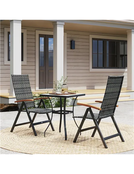 Outsunny 2 Pieces Folding Rattan Garden Dining Chairs with 5-level Reclining High Back, Wood Armrests for Outdoor - Mixed-grey