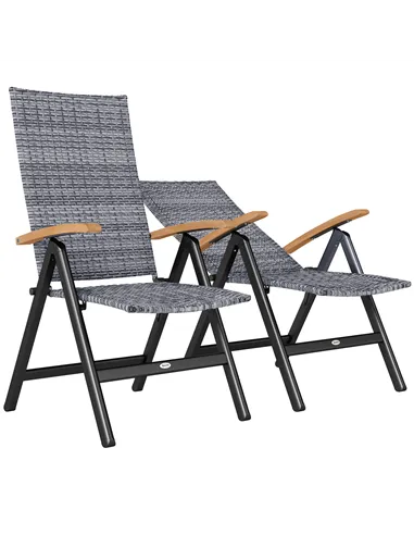 Outsunny 2 Pieces Folding Rattan Garden Dining Chairs with 5-level Reclining High Back, Wood Armrests for Outdoor - Light Grey
