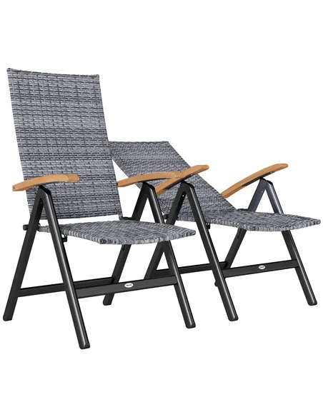 Outsunny 2 Pieces Folding Rattan Garden Dining Chairs with 5-level Reclining High Back, Wood Armrests for Outdoor - Light Grey