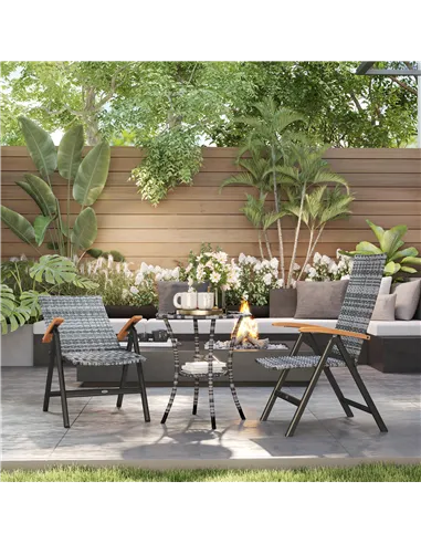 Outsunny 2 Pieces Folding Rattan Garden Dining Chairs with 5-level Reclining High Back, Wood Armrests for Outdoor - Light Grey