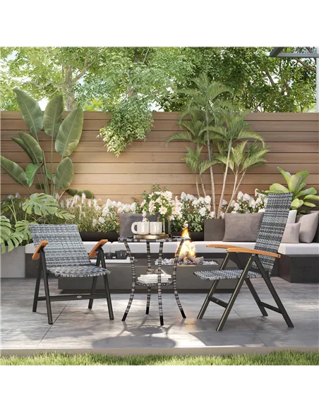 Outsunny 2 Pieces Folding Rattan Garden Dining Chairs with 5-level Reclining High Back, Wood Armrests for Outdoor - Light Grey