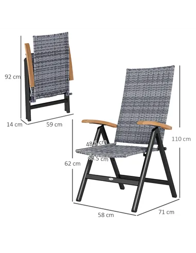Outsunny 2 Pieces Folding Rattan Garden Dining Chairs with 5-level Reclining High Back, Wood Armrests for Outdoor - Light Grey