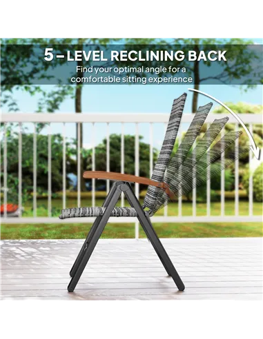 Outsunny 2 Pieces Folding Rattan Garden Dining Chairs with 5-level Reclining High Back, Wood Armrests for Outdoor - Light Grey