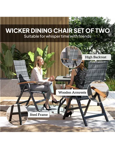 Outsunny 2 Pieces Folding Rattan Garden Dining Chairs with 5-level Reclining High Back, Wood Armrests for Outdoor - Light Grey