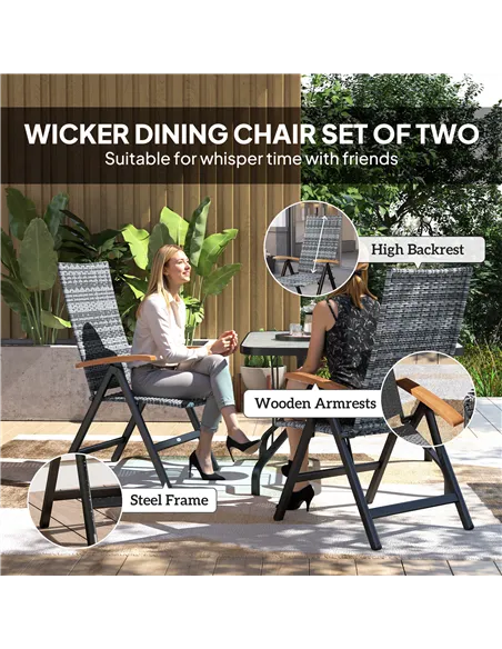 Outsunny 2 Pieces Folding Rattan Garden Dining Chairs with 5-level Reclining High Back, Wood Armrests for Outdoor - Light Grey