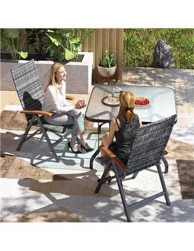 Outsunny 2 Pieces Folding Rattan Garden Dining Chairs with 5-level Reclining High Back, Wood Armrests for Outdoor - Light Grey