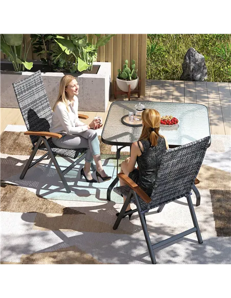 Outsunny 2 Pieces Folding Rattan Garden Dining Chairs with 5-level Reclining High Back, Wood Armrests for Outdoor - Light Grey