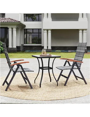 Outsunny 2 Pieces Folding Rattan Garden Dining Chairs with 5-level Reclining High Back, Wood Armrests for Outdoor - Light Grey