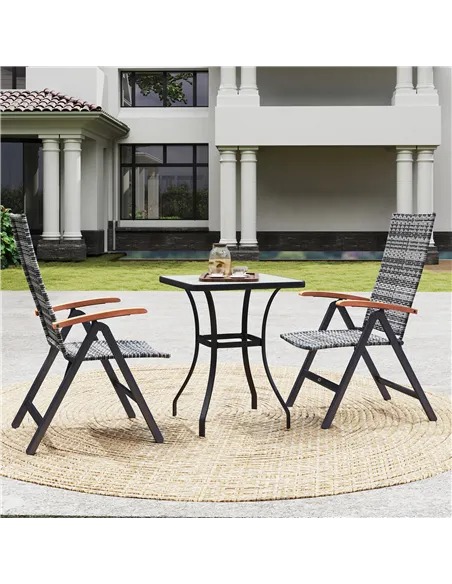 Outsunny 2 Pieces Folding Rattan Garden Dining Chairs with 5-level Reclining High Back, Wood Armrests for Outdoor - Light Grey