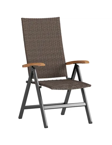 Outsunny Folding Rattan Garden Dining Chair with 5-level Reclining High Back, Wood Armrests for Outdoor, Patio - Brown