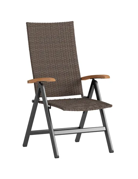 Outsunny Folding Rattan Garden Dining Chair with 5-level Reclining High Back, Wood Armrests for Outdoor, Patio - Brown