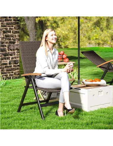 Outsunny Folding Rattan Garden Dining Chair with 5-level Reclining High Back, Wood Armrests for Outdoor, Patio - Brown