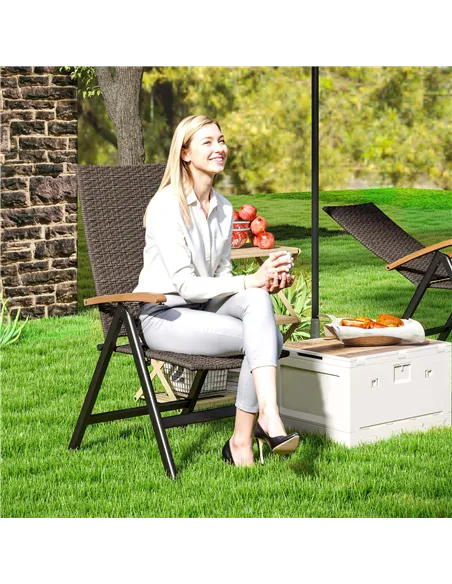Outsunny Folding Rattan Garden Dining Chair with 5-level Reclining High Back, Wood Armrests for Outdoor, Patio - Brown