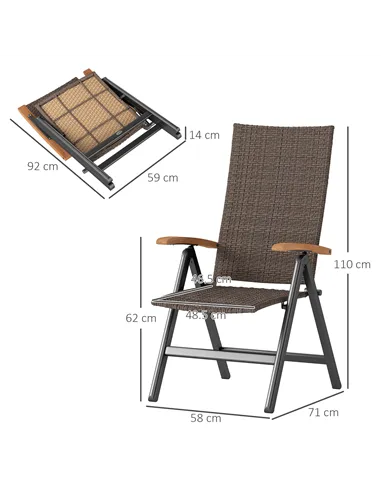 Outsunny Folding Rattan Garden Dining Chair with 5-level Reclining High Back, Wood Armrests for Outdoor, Patio - Brown