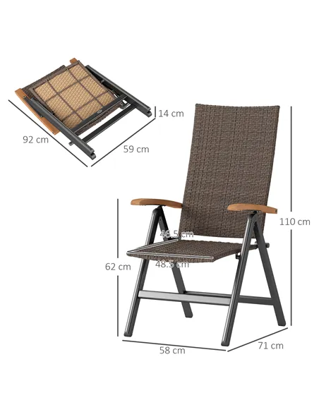 Outsunny Folding Rattan Garden Dining Chair with 5-level Reclining High Back, Wood Armrests for Outdoor, Patio - Brown