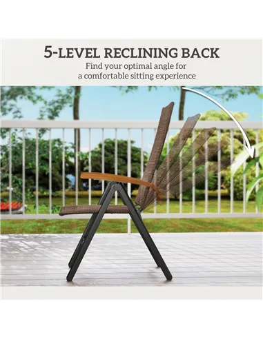 Outsunny Folding Rattan Garden Dining Chair with 5-level Reclining High Back, Wood Armrests for Outdoor, Patio - Brown