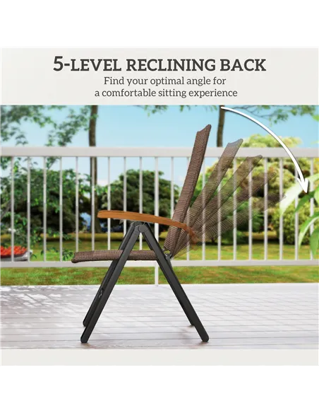 Outsunny Folding Rattan Garden Dining Chair with 5-level Reclining High Back, Wood Armrests for Outdoor, Patio - Brown