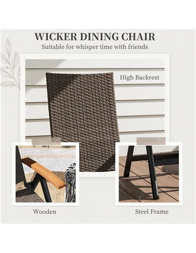 Outsunny Folding Rattan Garden Dining Chair with 5-level Reclining High Back, Wood Armrests for Outdoor, Patio - Brown